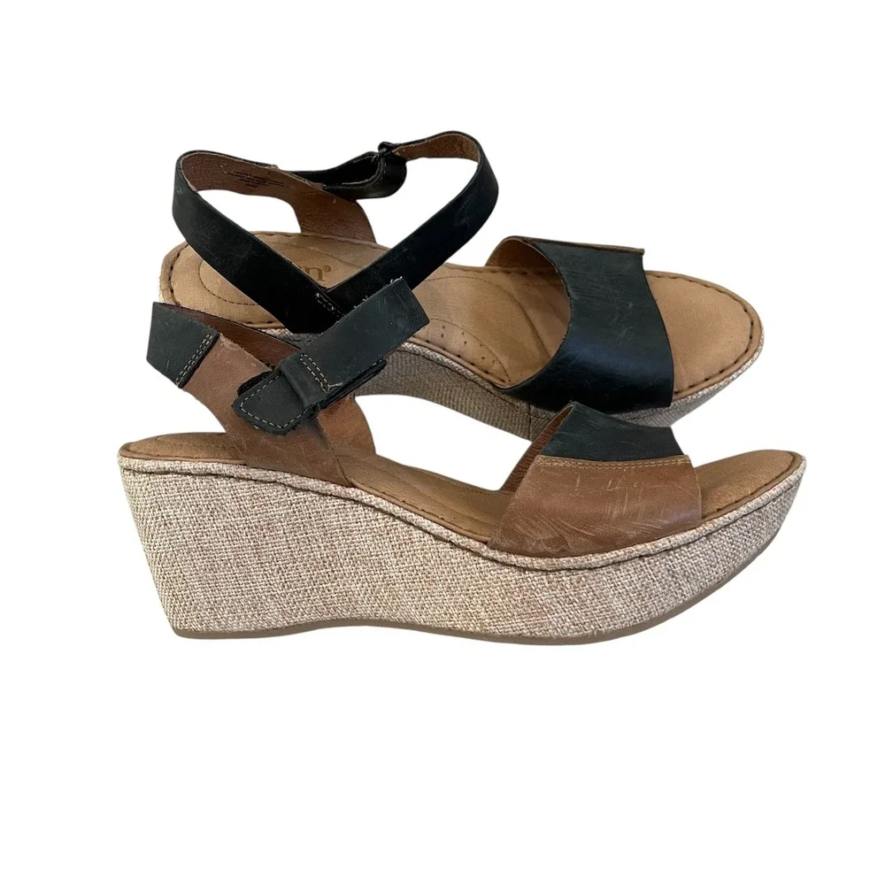 Born Nectar Leather Wedge Sandals Brown Black Two Tone Open Toe Women 10 Comfort